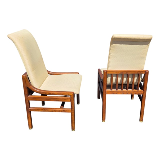 1980s 2 Henredon Scene One Campaign Dining Room Side Chairs MCM Oak Brass For Sale