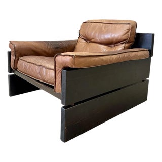 1970s Mid Century Brutalist Danish Pine and Leather Lounge Chair For Sale