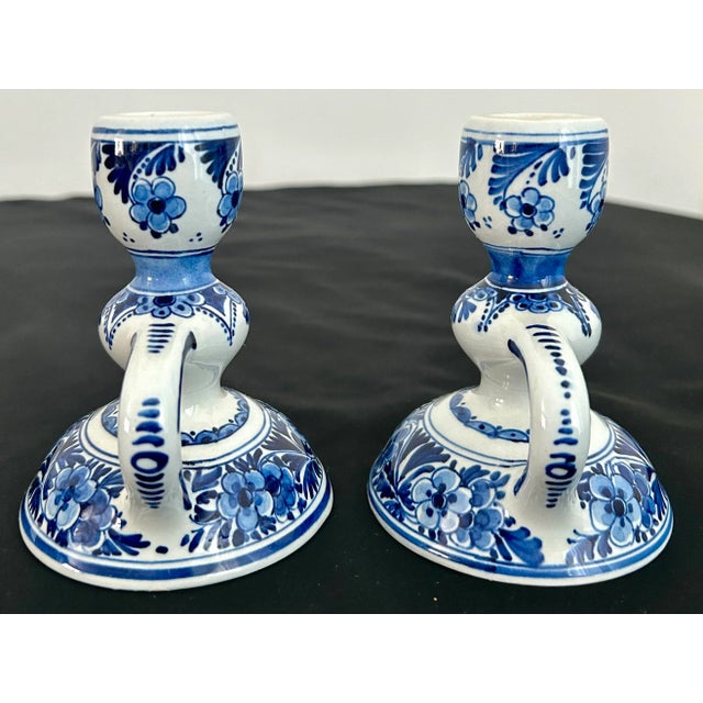Farmhouse 1960’s De Porceleyne Fles Royal Delft Candlesticks - a Pair For Sale - Image 3 of 10
