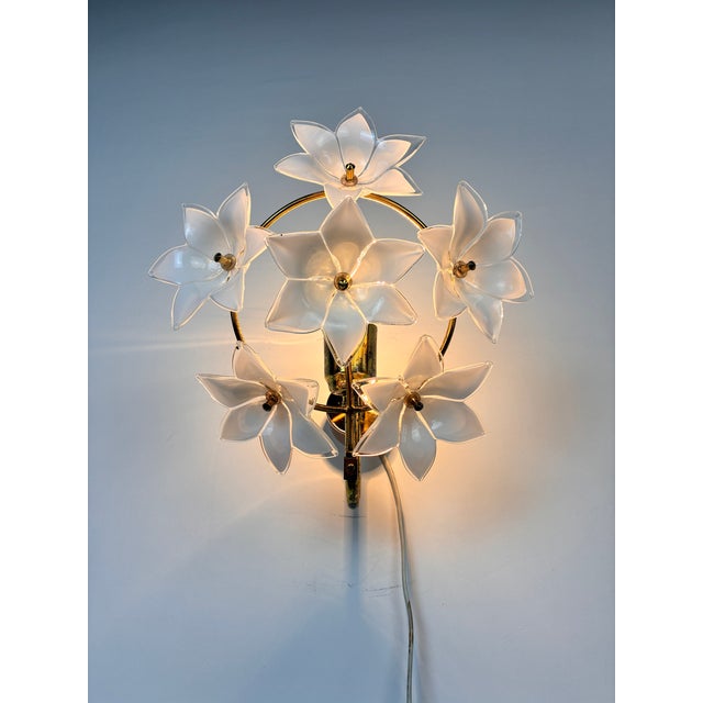 Vintage Murano Style White Floral Wall Sconces - A Pair For Sale - Image 13 of 14