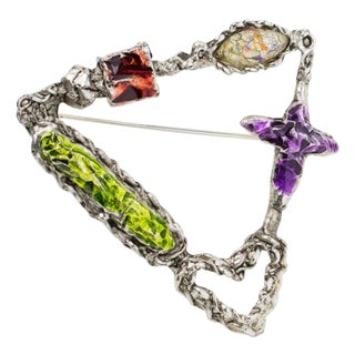 Christian Lacroix Silvered Brutalist Brooch with Multicolor Enamel For Sale