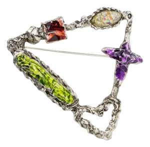 Christian Lacroix Silvered Brutalist Brooch with Multicolor Enamel