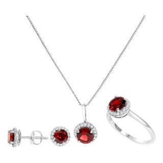 10K White Gold Red Garnet and 3/8 Cttw Diamond Halo Jewelry Set (Earrings, Pendant & Ring) For Sale