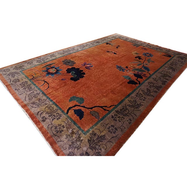 Art Deco 1920s Orange Floral Modern Antique Chinese Art Deco Rug 7' 10"x11' 6" Hand Knotted Carpet For Sale - Image 3 of 6