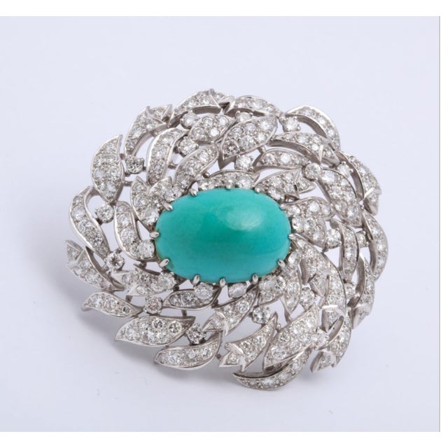 Platinum, Diamond, and Persian Turquoise Asymmetric Dress Clip For Sale In New York - Image 6 of 7