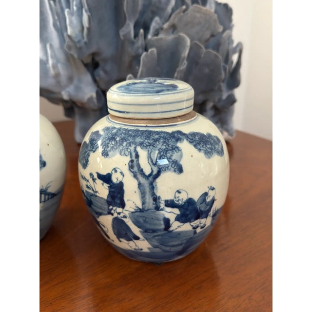Pair of Small Blue & White Ginger Jars With Classic Chinese Motif For Sale - Image 4 of 7