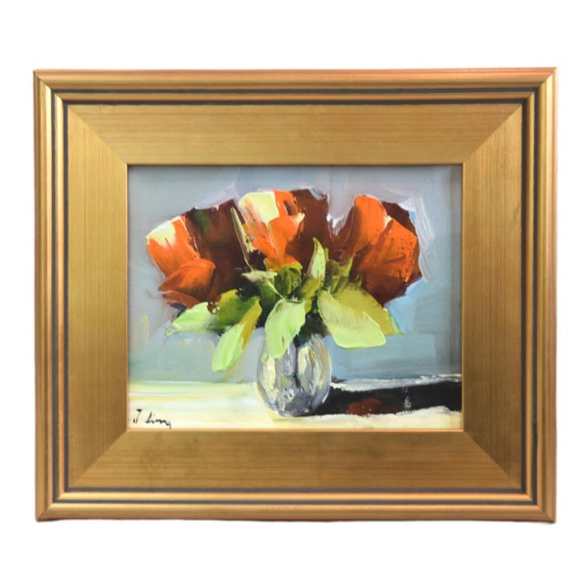 2020s Red Bouquet of Flowers Oil Painting Including the Antiqued Gold Wood Frame For Sale - Image 5 of 5