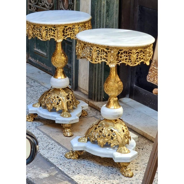 Rococo French White Marble Side Table – Gold Leaf & Bronze Details, Rococo Accent Table For Sale - Image 3 of 4