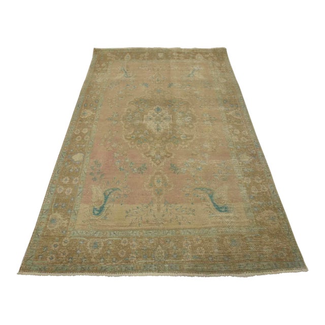 Tabriz Rug 6’2” X 9’3” Pink Wool Vintage Distressed Hand-Knotted Carpet For Sale