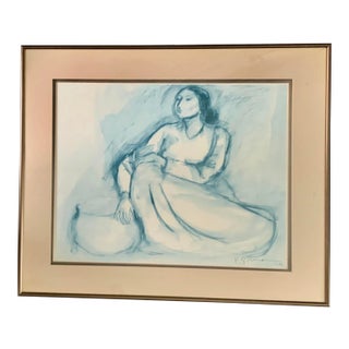 Woman in Blue Signed Original 1980 Vintage Framed Drawing For Sale