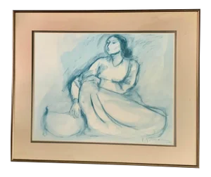 Woman in Blue Signed Original 1980 Vintage Framed Drawing