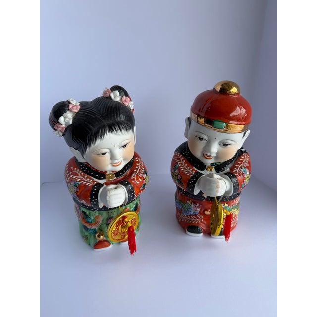 Vintage Chinese Porcelain Good Fortune Boy & Girl Figurines – Pair, Circa 1980s For Sale - Image 4 of 12