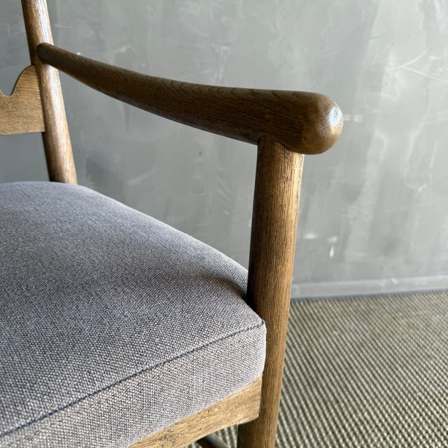 Wood Oak Open Arm Accent Chair or Dining Chair With Belgian Linen Upholstery For Sale - Image 7 of 9