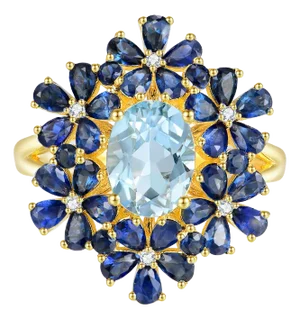 Nina Zhou Aquamarine Sapphire Diamond Blossom Cocktail Ring in 14k Yellow Gold, Size 6