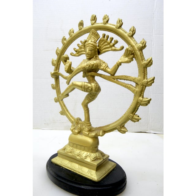 1970s 1970s Bright Brass Nataraja Dancing Shiva Sculpture on Wooden Base – 8" For Sale - Image 5 of 17