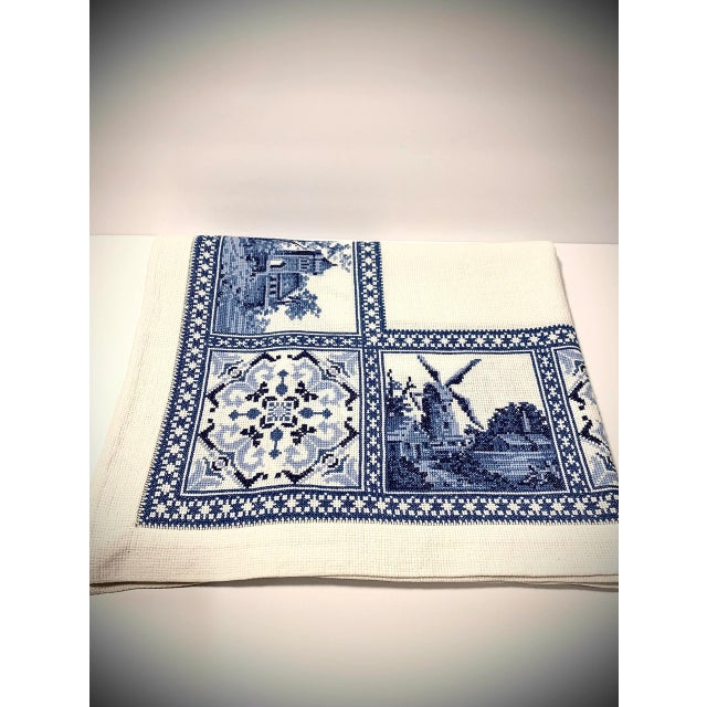Vintage square tablecloth with 5 napkins in delft blue with dutch windmill and country scenes, embroidered in cross stich....