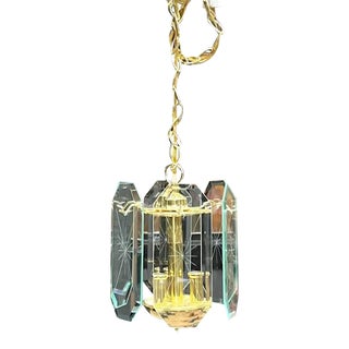 Glass Starburst Chandelier Pendant - 1980s Brass/Etched Glass Pane Chandelier For Sale