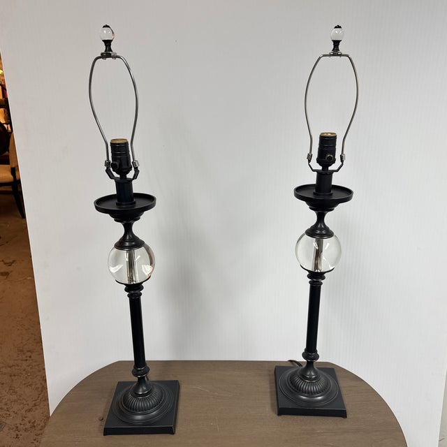 Glass Restoration Hardware Crystal Ball Table Lamps, Pair For Sale - Image 7 of 12