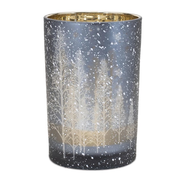 Contemporary Navy Pine Tree Glass Candle Holder (Set of 2) For Sale - Image 3 of 6