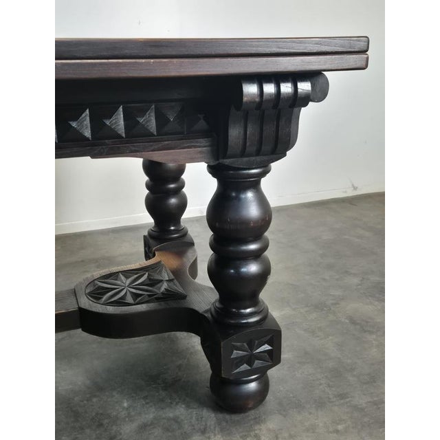 Breton Extendable Table in Carved Oak with Parquet Top For Sale - Image 3 of 14
