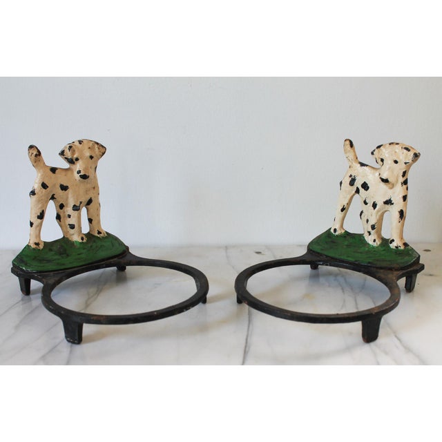 Farmhouse Pair of Vintage Cast Iron Dalmatian Dog Food & Water Bowl Holders For Sale - Image 3 of 13