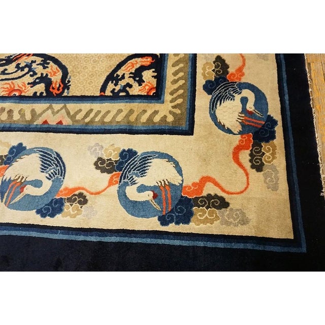 Chinese 1920s Ivory and Blue Dragon Roundels Antique Chinese Baotou Room Size Rug For Sale - Image 3 of 10