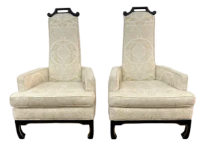 James Mont Style 1960s Throne Chairs. In Excellent Vintage Condition. Original Brocade Upholstery in Excellent Condition.