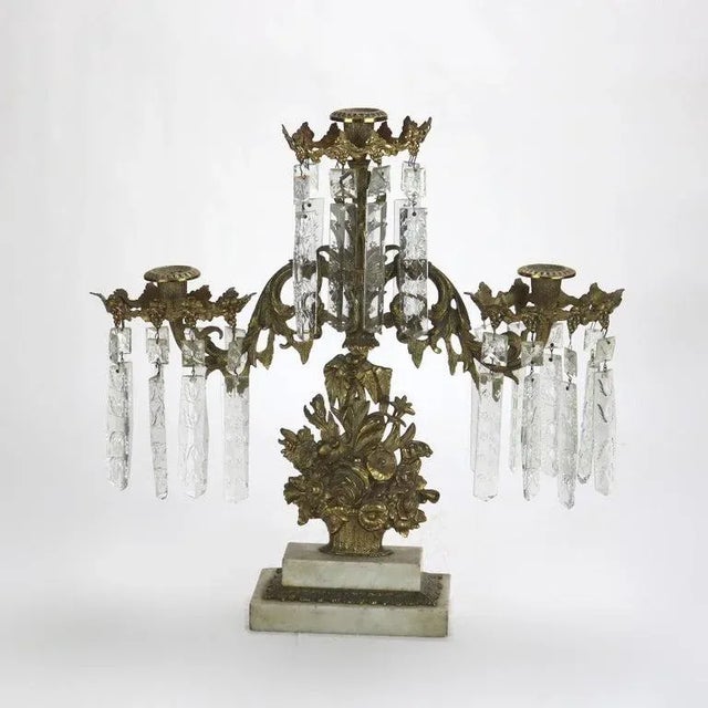 Pair of Antique Bronze & Crystal Three-Light Floral Basket Girandoles with Marble Base C1880. Measures - 17" x 17 1/2" x 4...