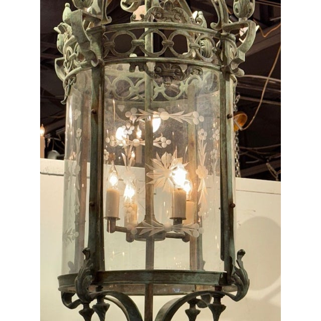 Early 20th Century Antique English Pantinated Iron Lantern With Etched Glass For Sale - Image 5 of 7