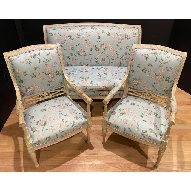 Late 19th Century Swedish Neoclassical Carved And Painted Three Piece Salon Set For Sale In New York - Image 6 of 12