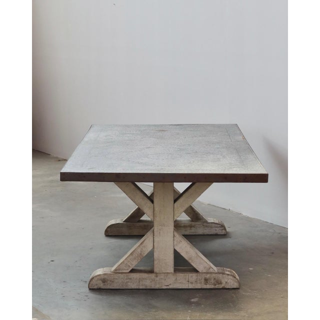 Vintage Zinc Top Trestle Table With Heart Pine Base For Sale In Los Angeles - Image 6 of 8