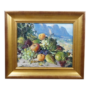 1970s Vincenzo Aprile 'Natura Morta' Italian Still Life Painting Fruit Mountains Frame