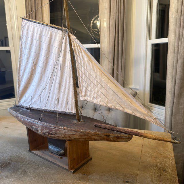 Brown Early 20th Century Gaff-Rigged Carved Wood Pond Yacht on Custom Cradle For Sale - Image 8 of 12