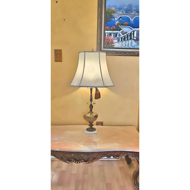 1990s Wescal Modern Brass and Marble Table Lamp With Custom Silk Shade For Sale - Image 12 of 12