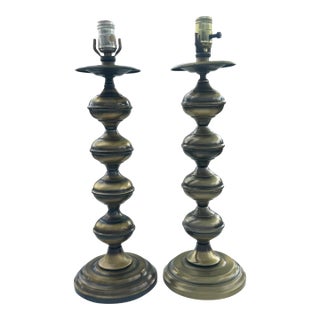 Mid Century Modern Brass Tone Stacked Cylinder Table Lamp- A Pair For Sale