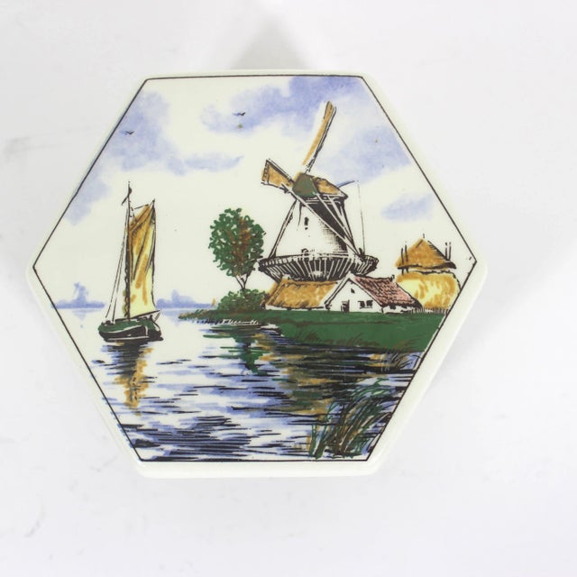 Vintage Ceramic Trinket Box Flowers Windmill Holland Signed Hand Painted Delft Polychrome For Sale - Image 4 of 9