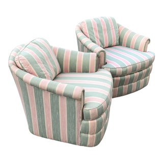 1980s Modern Sherrill Pink & Green Striped Swivel Chairs - a Pair For Sale
