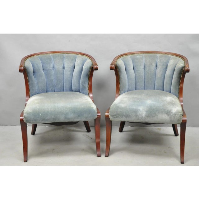Hollywood Regency Vintage French Hollywood Regency Mahogany Saber Leg Parlor Lounge Chair - A Pair For Sale - Image 3 of 16