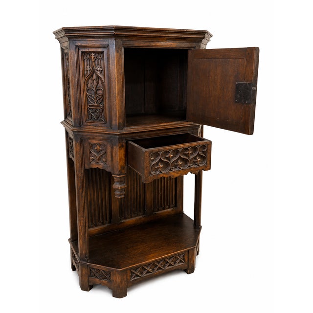 Pair of Antique French Gothic Carved Oak Cabinets With Heraldic Crest Iron Hardware - 2 For Sale - Image 9 of 9