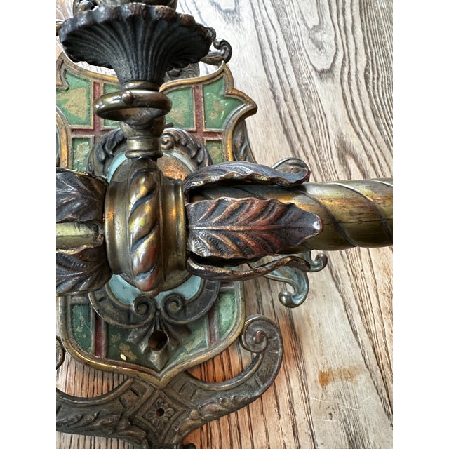 Vintage Pair of Bronze Gas Electric Spanish Revival Sconces For Sale - Image 9 of 11