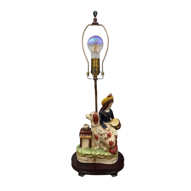 Ivory Antique English Staffordshire Pottery Dog & Girl / Lady Figural Lamp With Ivory Silk String Shade. For Sale - Image 8 of 9