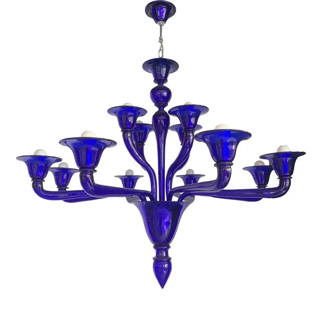 Glass Blue Glass Chandelier, Contemporary, Attributed to Murano For Sale - Image 7 of 13