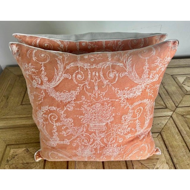 Pair of custom pillows made with vintage unused Venezianina patterned Fortuny printed fronts and crisp white linen backs...