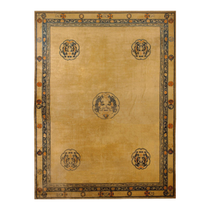 Spectacular Tan and Blue Color With Dragon Design Antique Chinese Rug