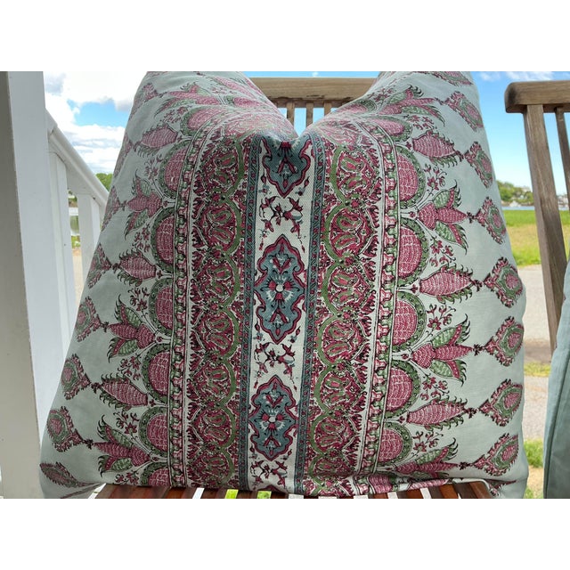 Thibaut Akola Stripe Raspberry and Teal Indienne Designer Pillow Covers — 22" Pair For Sale - Image 4 of 7