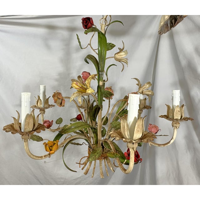 Shabby Chic Vintage Tole 6-Light Chandelier With Flower Motif and Honest Patina For Sale - Image 3 of 18