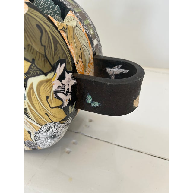 Green Mixed Media Collage Painting on Vintage Large Industrial Pulley Sculpture For Sale - Image 8 of 9