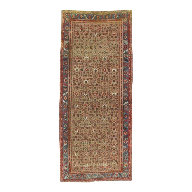 Antique Heriz Northwest Persian Runner, Handmade Rug Light Blue, Taupe, Rust Red For Sale