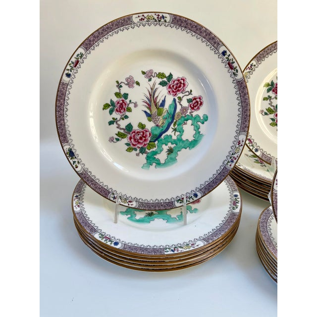 Pink Crown Staffordshire Chinoiserie Porcelain Rock Bird Dinner Plates - Set of 22 For Sale - Image 8 of 9