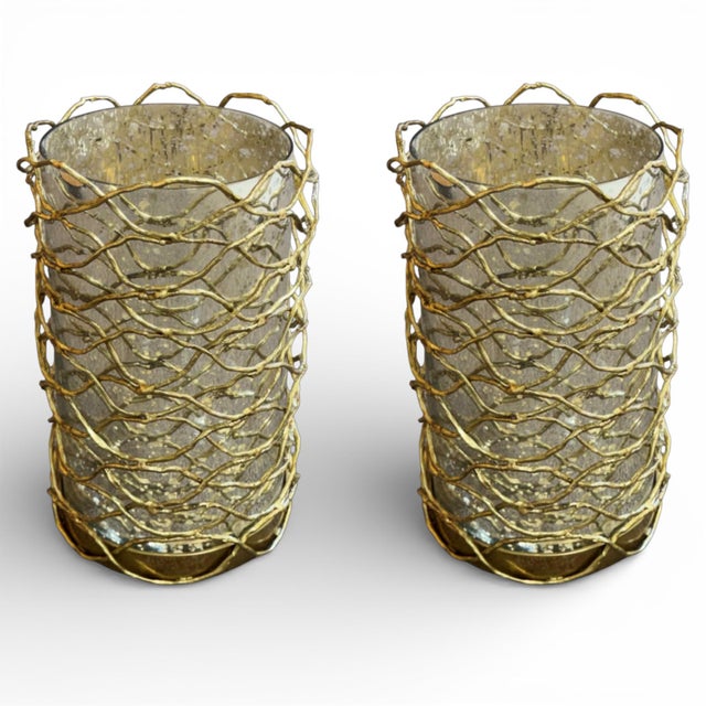 Contemporary John Richard Woven Brass and Glass Candle Holders, a Pair For Sale - Image 3 of 7